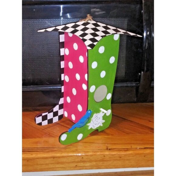 WHIMSICAL Bird House SHOE-Shaped CHECKERED polka dots NEW VIBRANT hand-painted - Picture 1 of 7